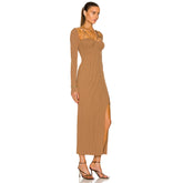 Square Collar Long Sleeve Striped Maxi Bandage Dress